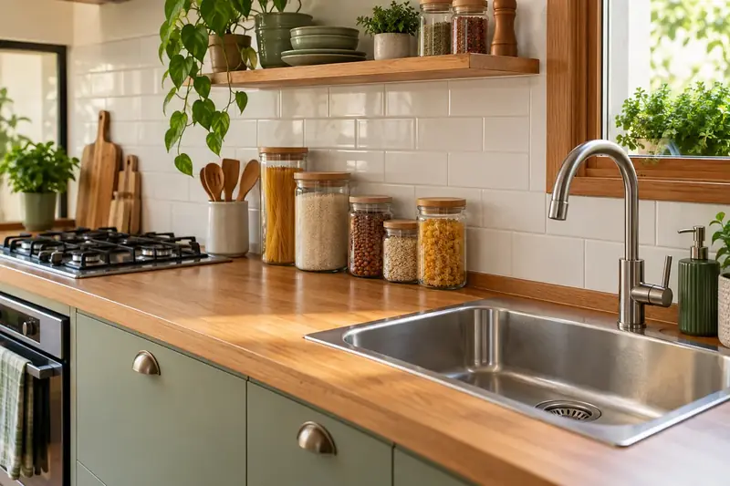Imagem ilustrativa: Cozinha com alimentos em recipientes fechados e bancada organizada