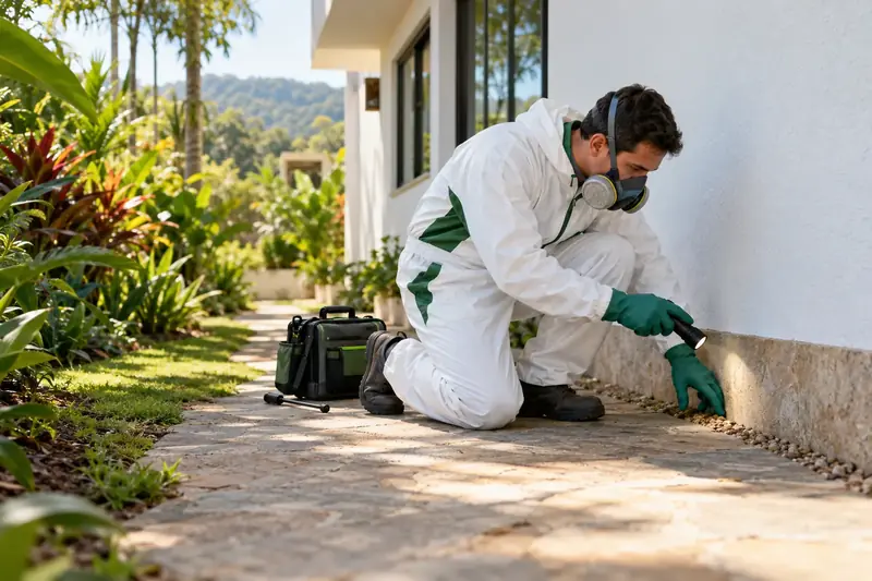 Imagem ilustrativa de profissional com equipamentos de proteção avaliando a área externa de uma residência