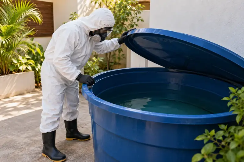 Imagem ilustrativa: Profissional com equipamentos de proteção inspecionando um reservatório azul
