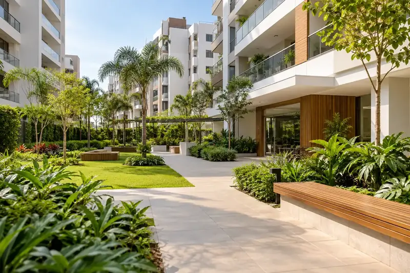 Imagem ilustrativa: Pátio de condomínio residencial com jardim e áreas comuns