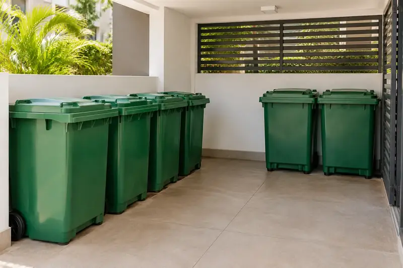 Imagem ilustrativa: Área de resíduos organizada com lixeiras fechadas